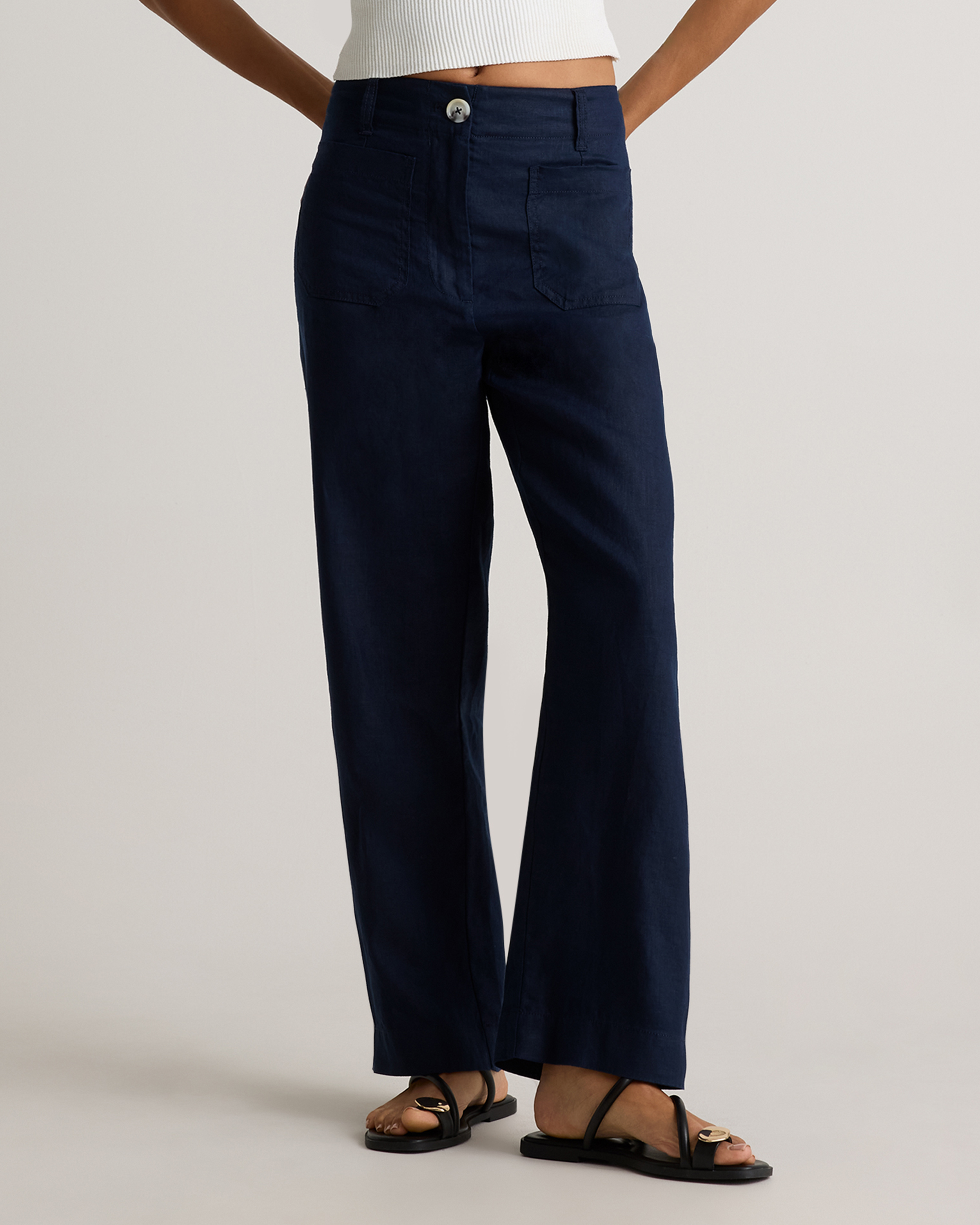 100% European Linen Patch Pocket Wide Leg Pants in Deep Navy