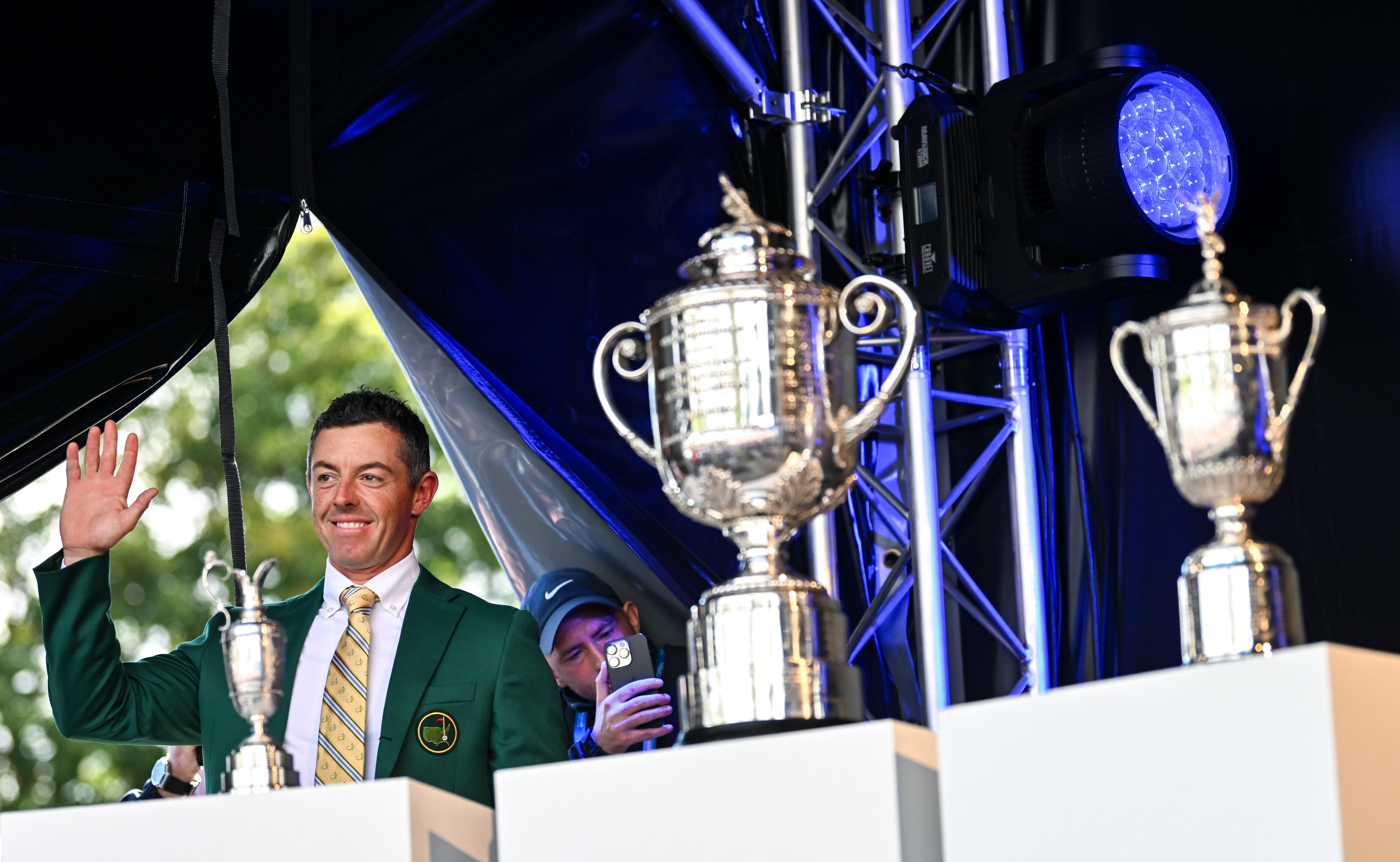 Kildare , Ireland - 4 September 2025; Rory McIlroy of Northern Ireland, wearing the Green Jacket he recieved after winning The Masters in April, alongside the major trophies, from left, The Open, The US Open and the US PGA Championship, during a Q&amp;amp;A session on day one of the Amgen Irish Open Golf Championship 2025 at The K Club in Straffan, Kildare. (Photo By Ramsey Cardy/Sportsfile via Getty Images)