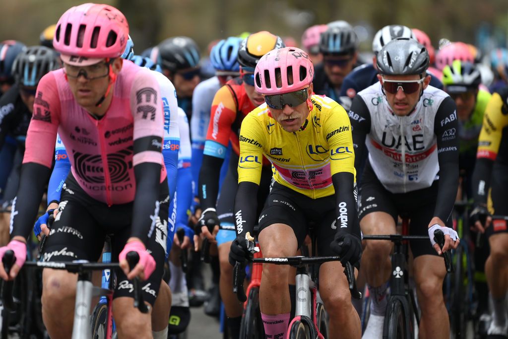 LA LOGE DES GARDES FRANCE MARCH 08 Magnus Cort Nielsen of Denmark and Team EF Education Easypost Yellow Leader Jersey competes during the the 81st Paris Nice 2023 Stage 4 a 1647km stage from SaintAmandMontrond to La Loge des Gardes 1077m UCIWT ParisNice on March 08 2023 in La Loge des Gardes France Photo by Alex BroadwayGetty Images