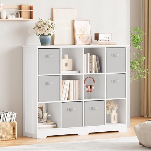 Metoti 12 Cube Storage Organizer Shelf, Wood Cubby Storage With 6 Fabric Drawers, 3 Tier Wooden Bookshelf With 2 Adjustable Shelves &amp;amp; Fluted Side Panels for Bedroom, Living Room, Home Office, Whtie