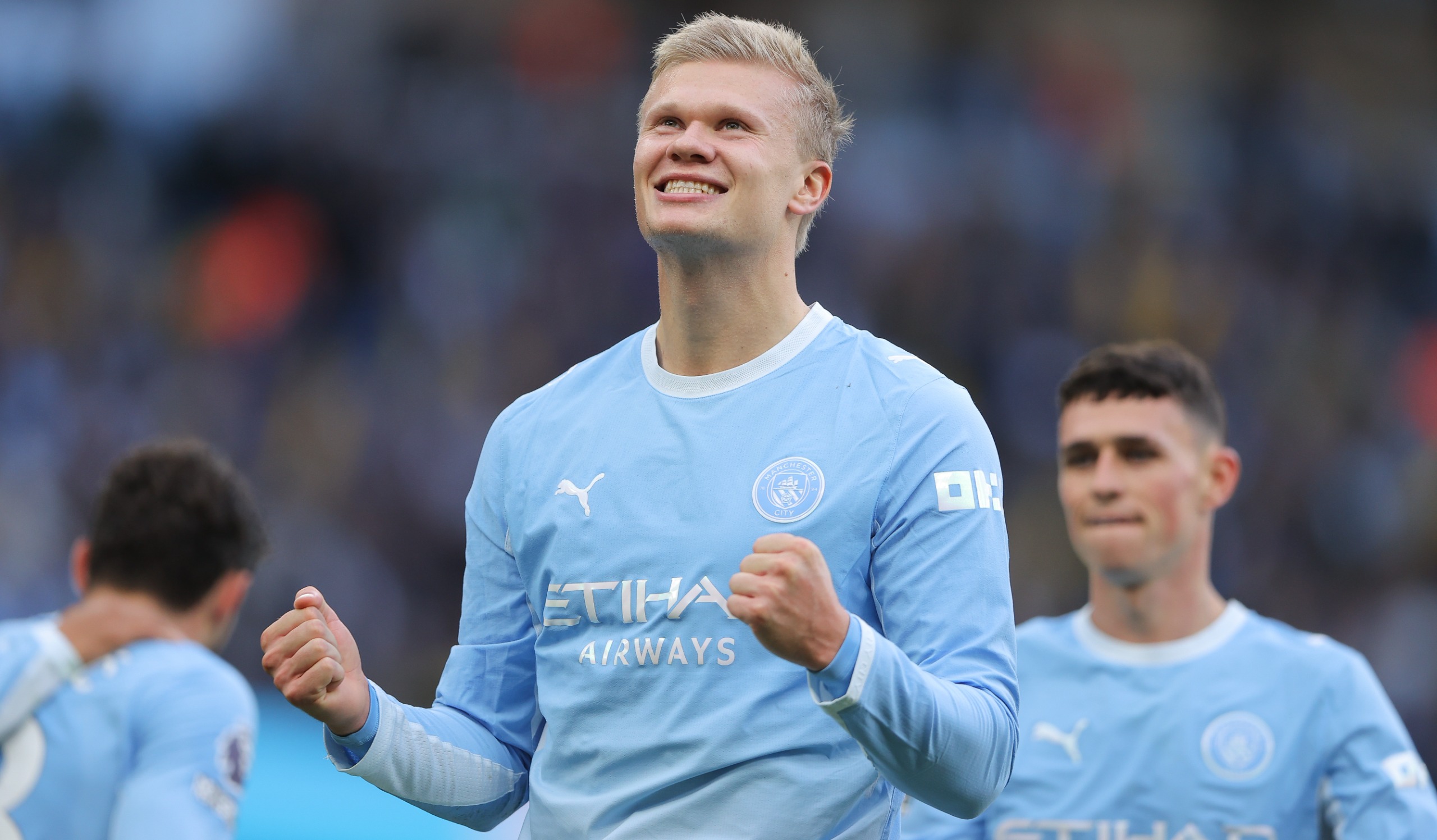 Erling Haaland of Manchester City celebrates after scoring his side's second goal of the Premier League 2026/27 match against Ipswich Town at Etihad Stadium on October 17, 2026 in Manchester, England