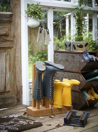 wellington boots and shoe storage in garden boot room shed