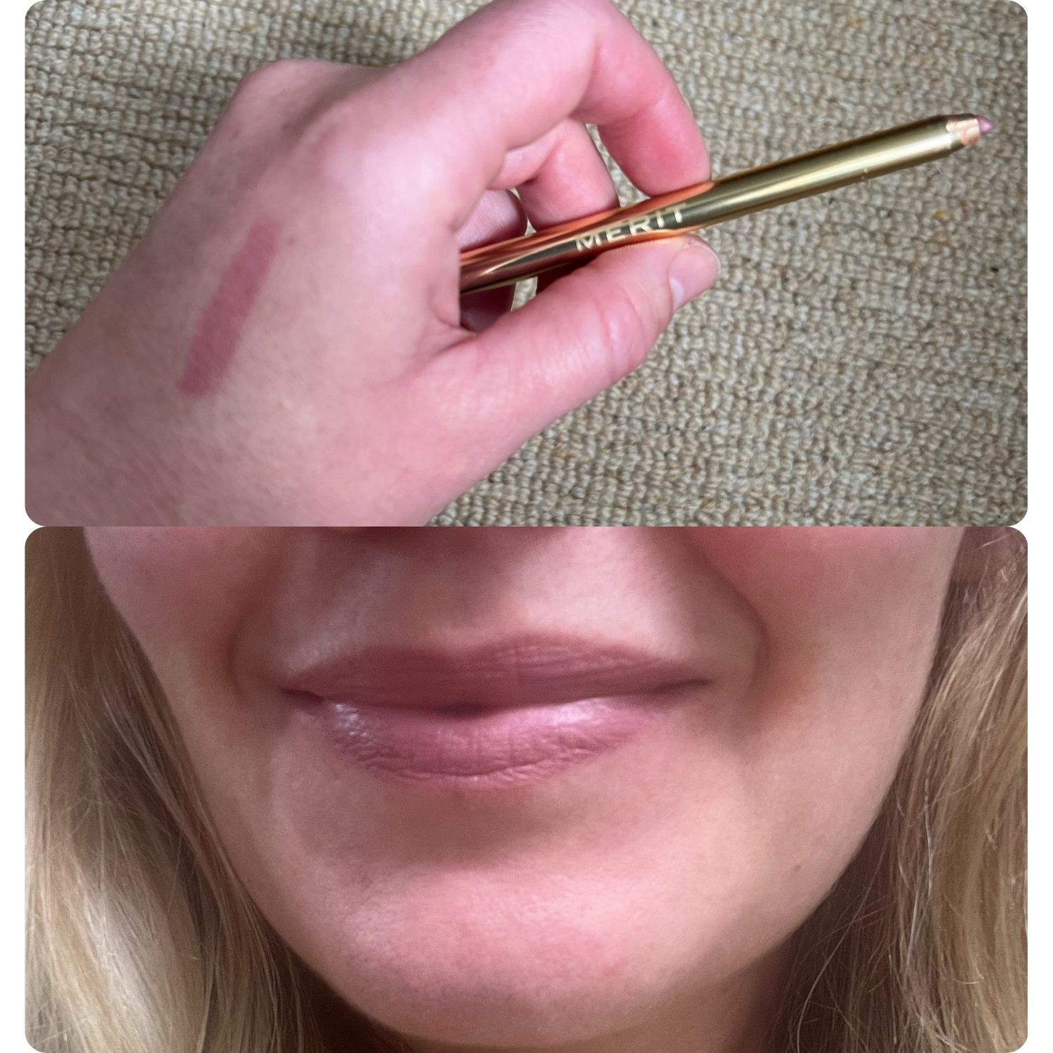 An image of Beauty Editor Fiona McKim's hand with a swatch of Merit lip liner above an image of the lip liner on her lips