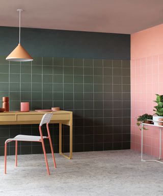 Pink and green home office scheme with wall tiles