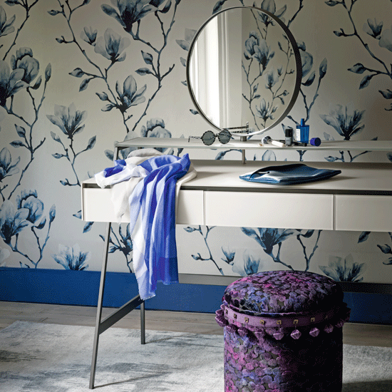 room with dressing table with modular furniture and soft florals