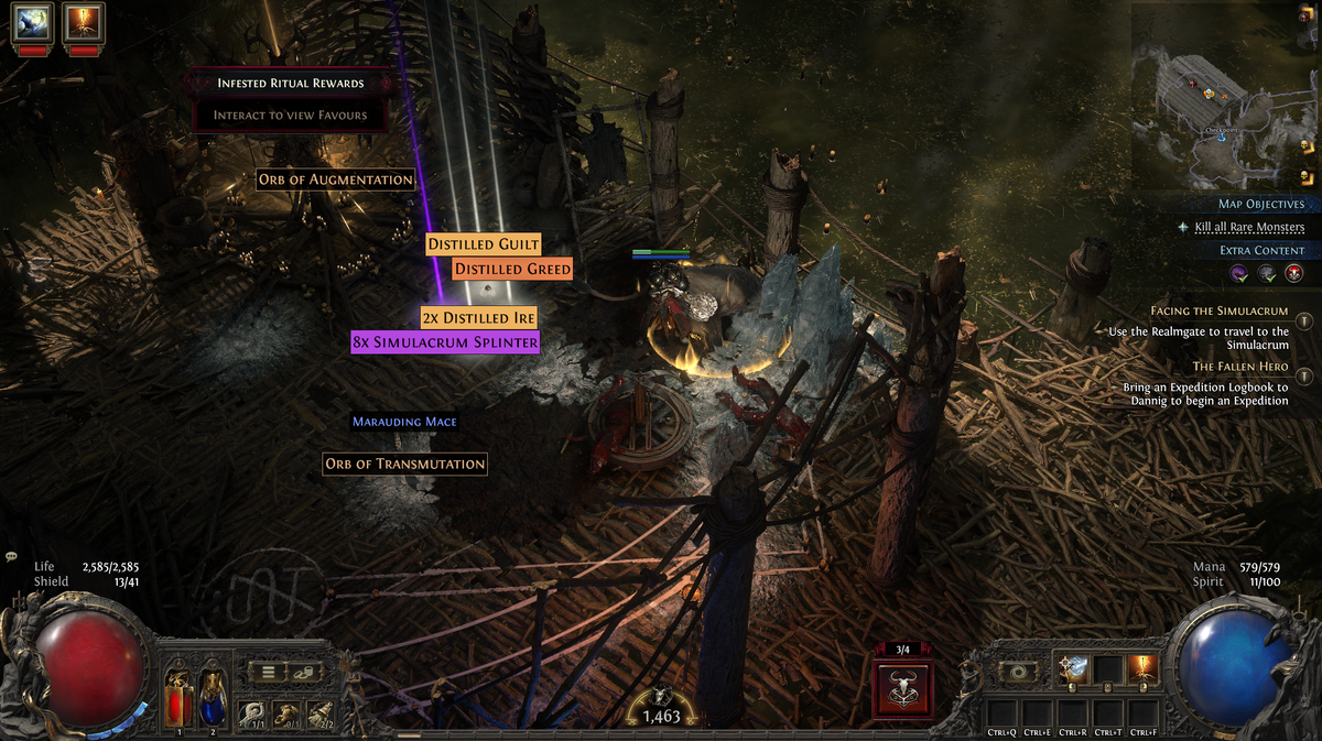 PoE2 Dawn of the Hunt endgame - Distilled Emotions in a pile of loot.