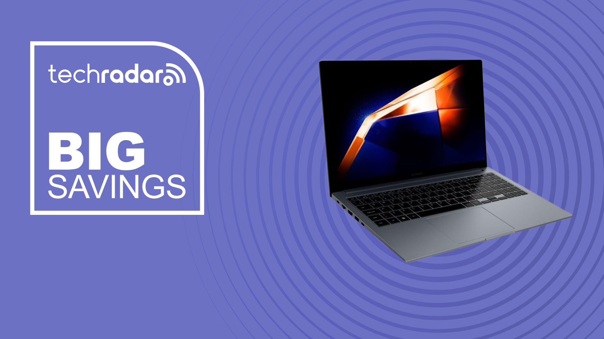 The Samsung Galaxy Book 4 on a purple background with text saying Big Savings.