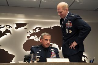 Gen. Mark Naird (Steve Carell) and Gen. Kick Grabaston (Noah Emmerich) are rivals in Netflix's new series "Space Force."