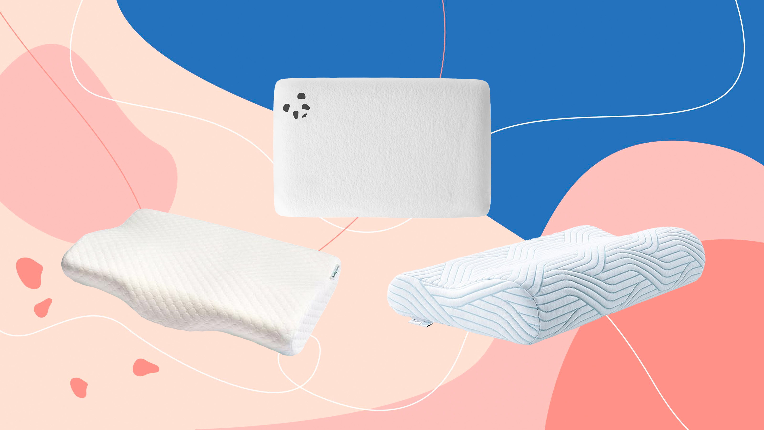 Three of the best memory foam pillows Ideal Home has tested on a pink and blue background