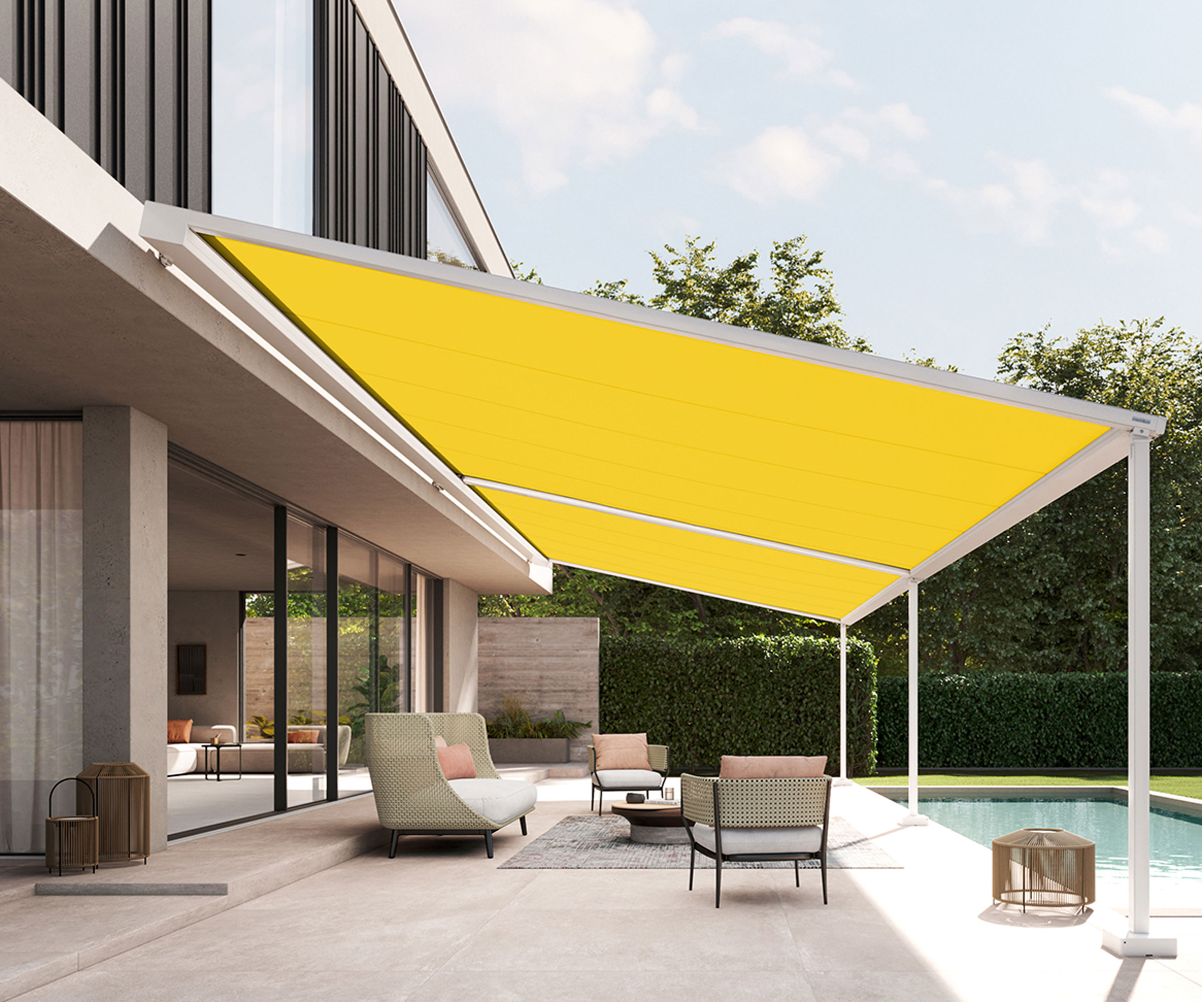 patio area next to a swimming pool with pergola awning, garden furniture and accessories including lanterns