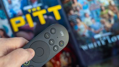 Sky remote pointing at HBO Max opening screen on Sky Stream/Glass