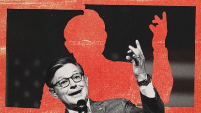 Photo collage of Mike Johnson cut out of the picture and falling out of the frame