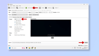 A screenshot of the HandBrake tool, with red arrows pointing at Format, Browse, and Start Encode. 