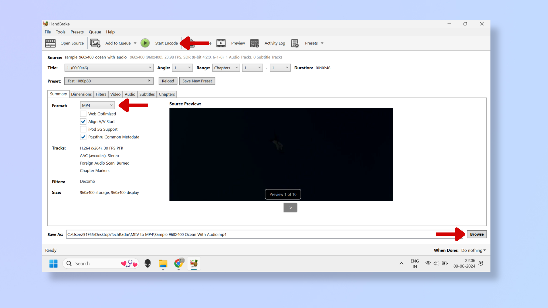 A screenshot of the HandBrake tool, with red arrows pointing at Format, Browse, and Start Encode. 