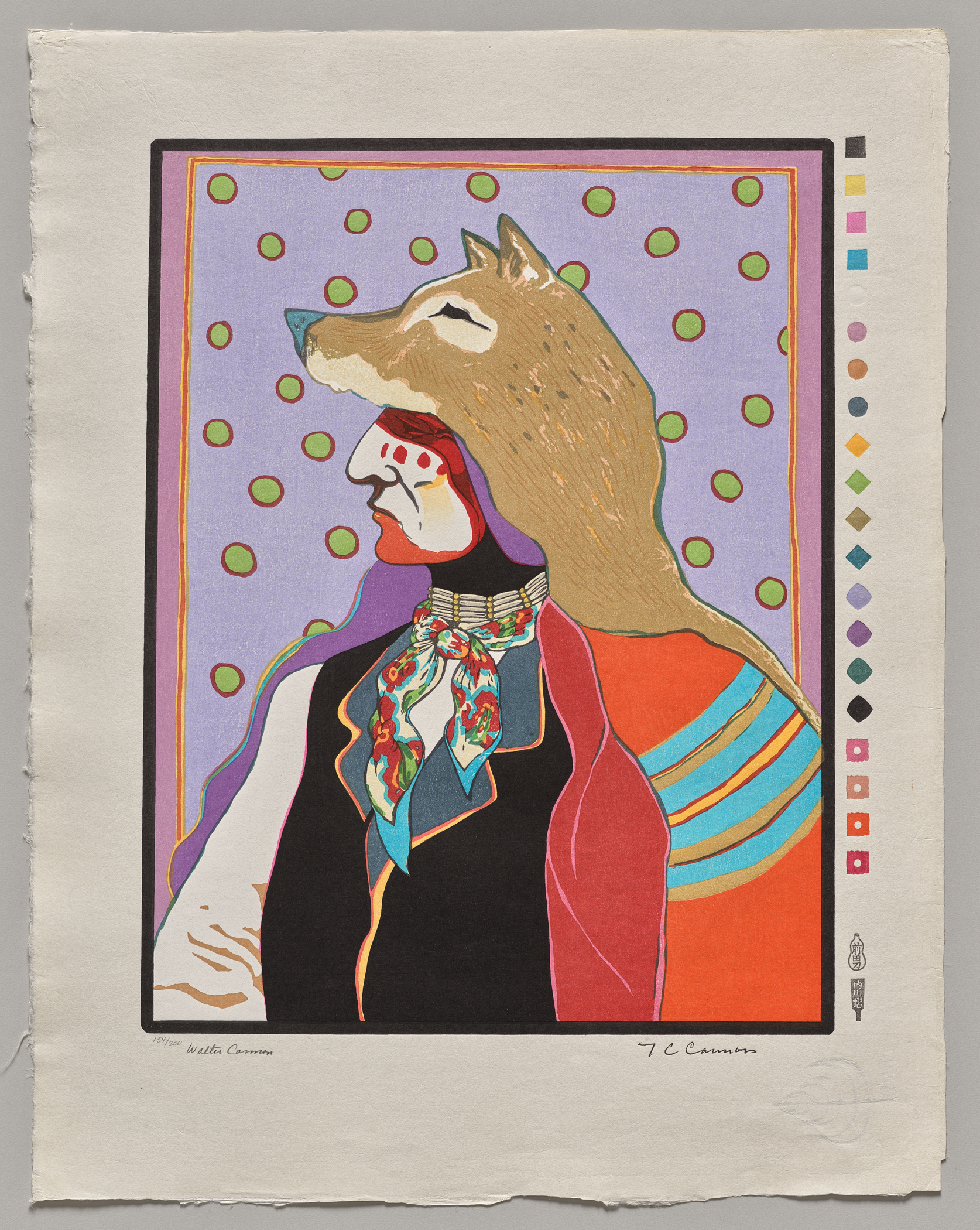 A memorial woodcut by T.C. Cannon called &#039;His Hair Flows Like a River&#039;