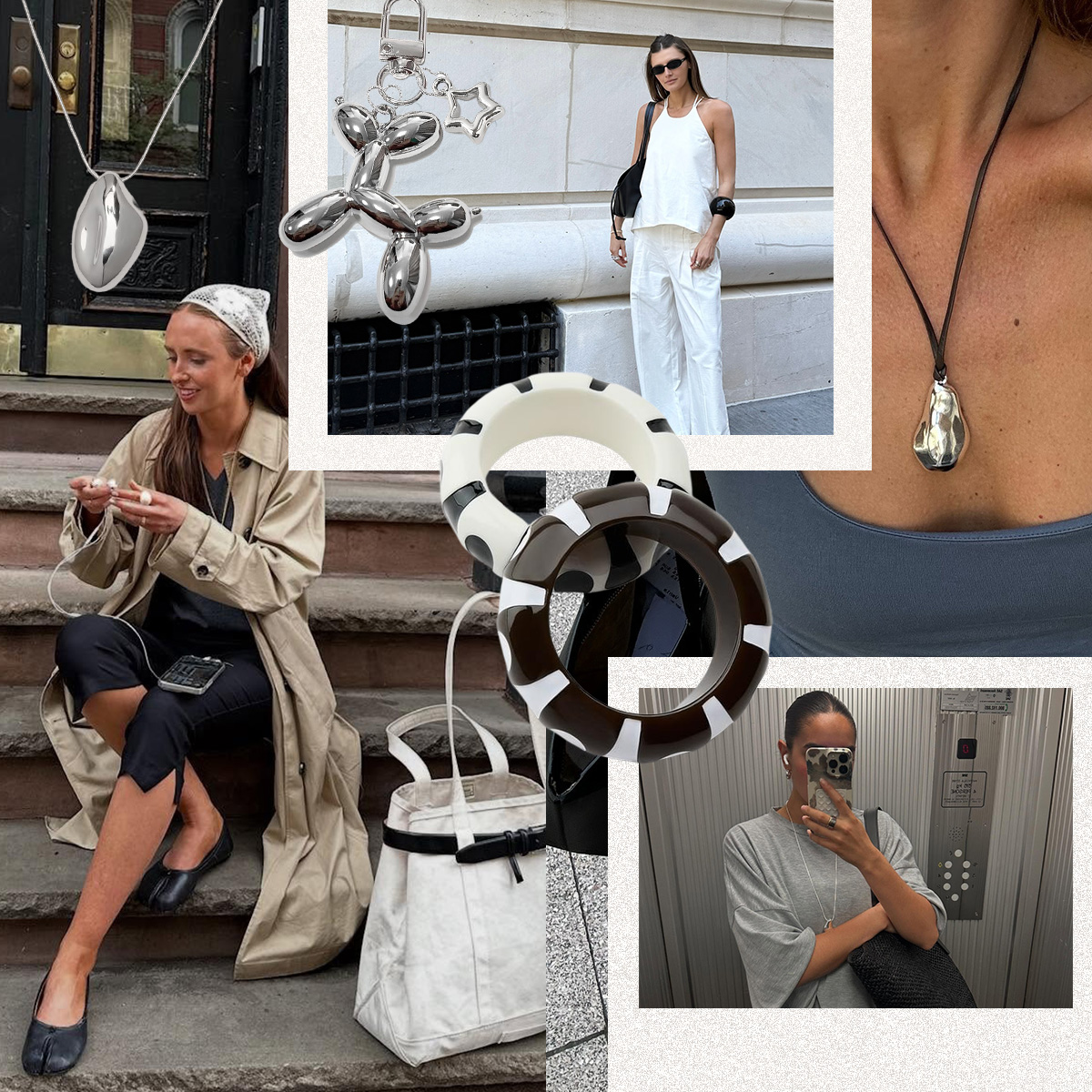 A collage of influencer Makenna wearing capris, a trench coat, and a lace headscarf. A silver pendant necklace from Banana Republic. A silver keychain from Amazon. Influencer Coco Schiffer is wearing an all white outfit and black sunglasses. Black and white bangles from Zara. Influencer Adenorah is wearing a silver pendant necklace. Influencer Selena is wearing a gray oversized tee and a black woven tote. 