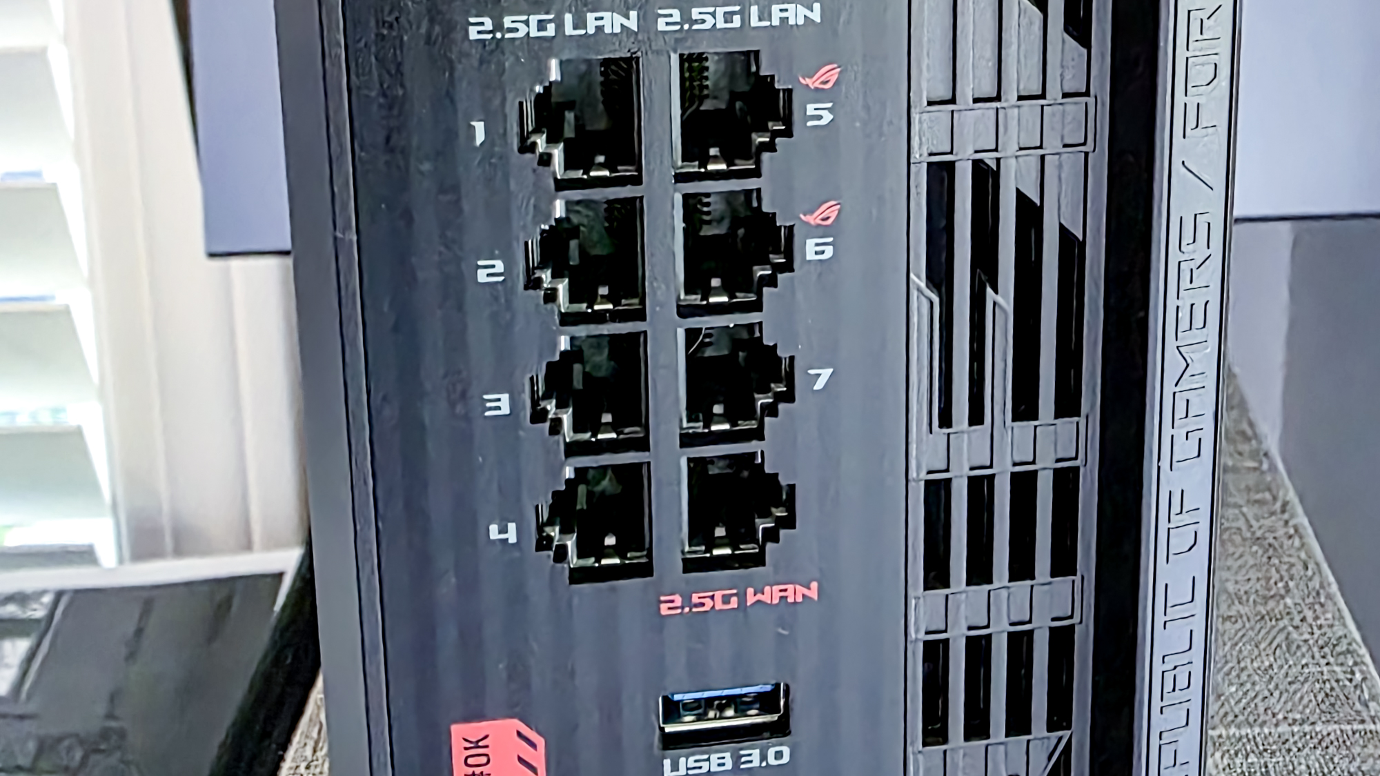 The ports on an Asus ROG Strix GS-BE18000 gaming router