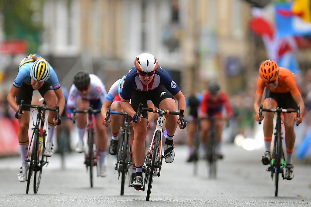Jastrab sprints ahead of Julie de Wilde (Belgium) and Lieke Nooijen (Netherlands)