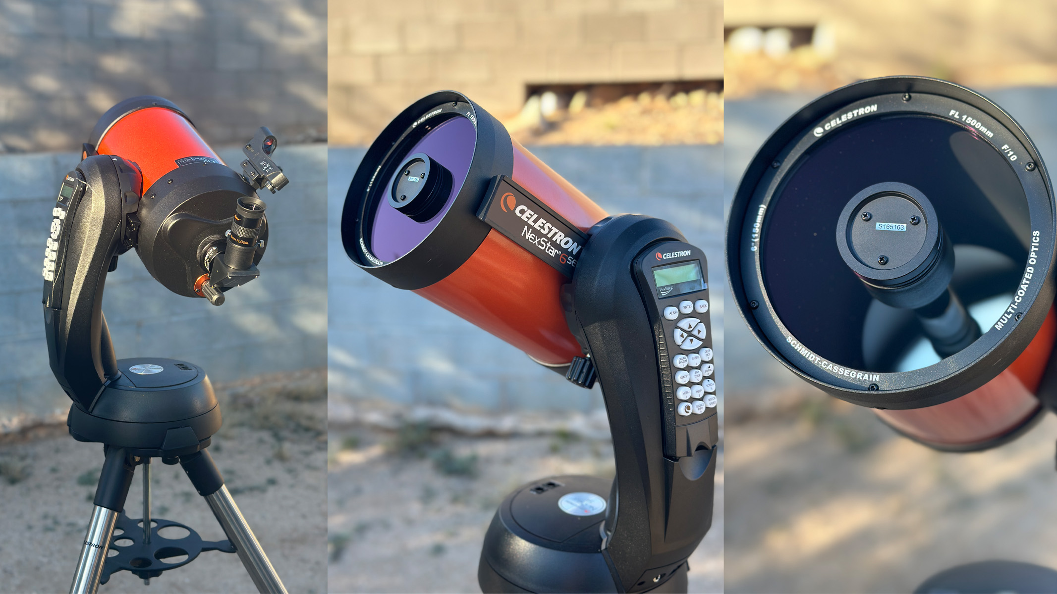 Celestron NexStar 6SE in a backyard, in front of a brick wall