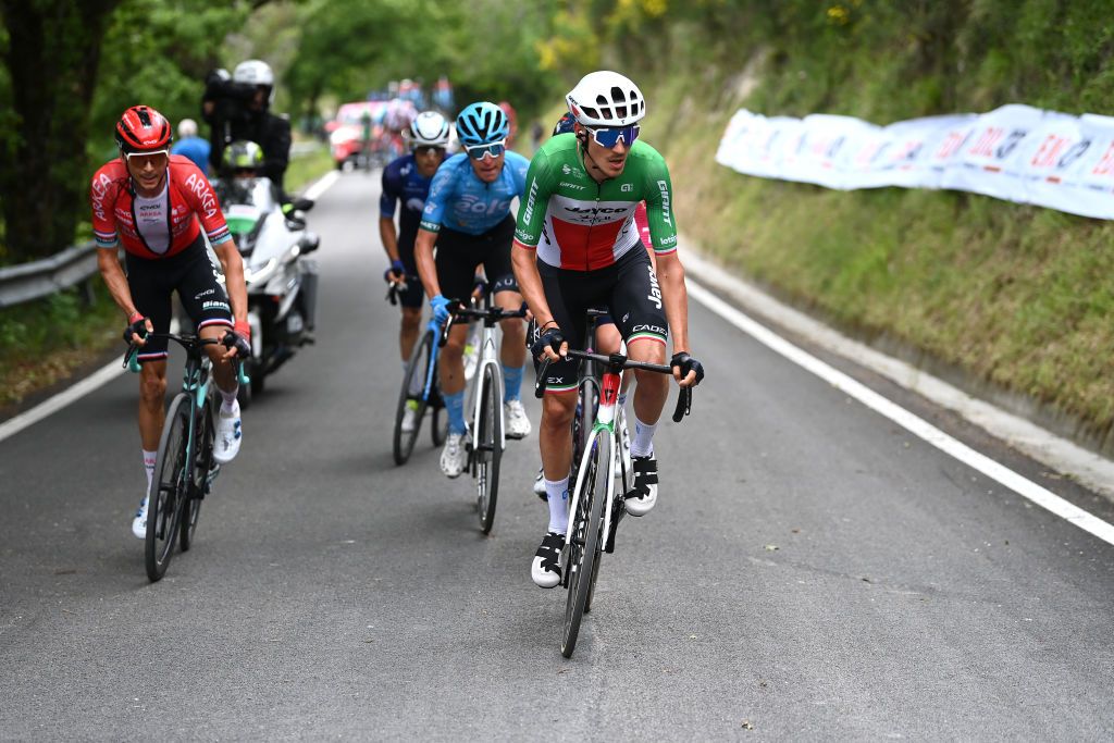 FOSSOMBRONE ITALY MAY 13 Filippo Zana of Italy and Team Jayco AlUla competes in the chase group during the 106th Giro dItalia 2023 Stage 8 a 207km stage from Terni to Fossombrone UCIWT on May 13 2023 in Fossombrone Italy Photo by Tim de WaeleGetty Images