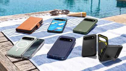 Selection of Google Pixel 11 Pro XL cases on a sun lounger next to a pool