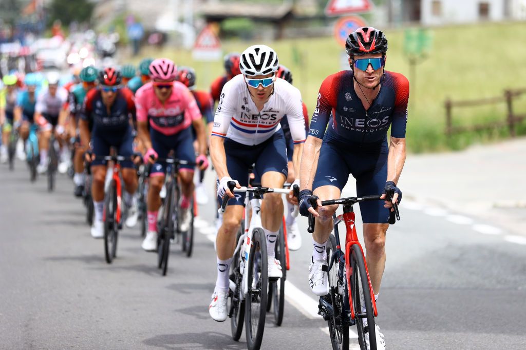 COGNE ITALY MAY 22 Salvatore Puccio of Italy and Team INEOS Grenadiers rides whilst eating during the 105th Giro dItalia 2022 Stage 15 a 177km stage from Rivarolo Canavese to Cogne 1622m Giro WorldTour on May 22 2022 in Cogne Italy Photo by Michael SteeleGetty Images
