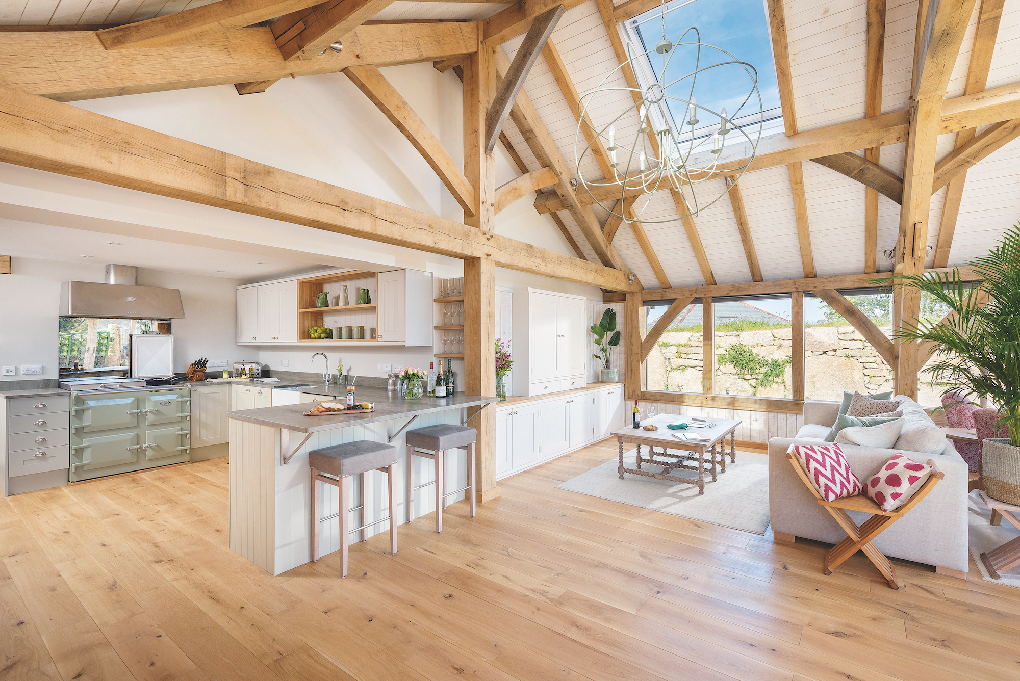 open plan living and kitchen area in oak frame extension