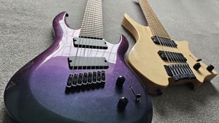 This writer's Harley Benton and Strandberg 8-string guitars side-by-side on a beige carpet