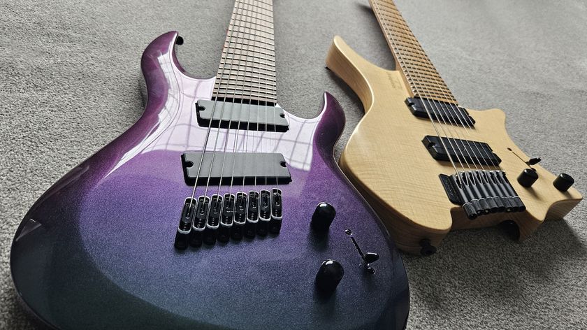 This writer&#039;s Harley Benton and Strandberg 8-string guitars side-by-side on a beige carpet