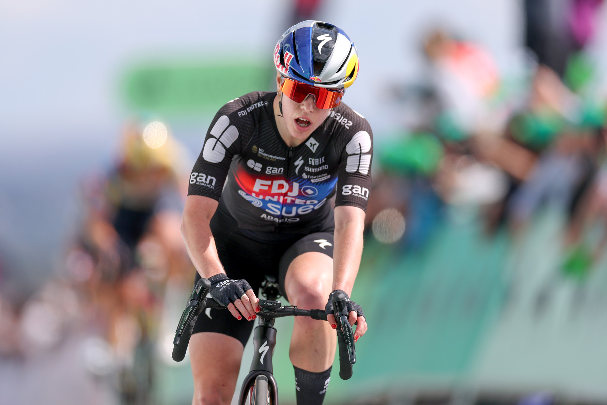 Lauren Dickson crosses the line to finish stage 3 of the Tour of Britain Women