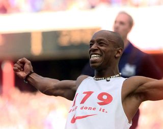 Ian Wright celebrates after matching Cliff Bastin's all-time Arsenal goalscoring record in 1997
