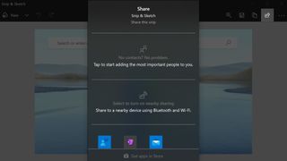 A screenshot of Windows' Snip & Sketch app showing the menu for sharing screenshots across contacts, Bluetooth, and email
