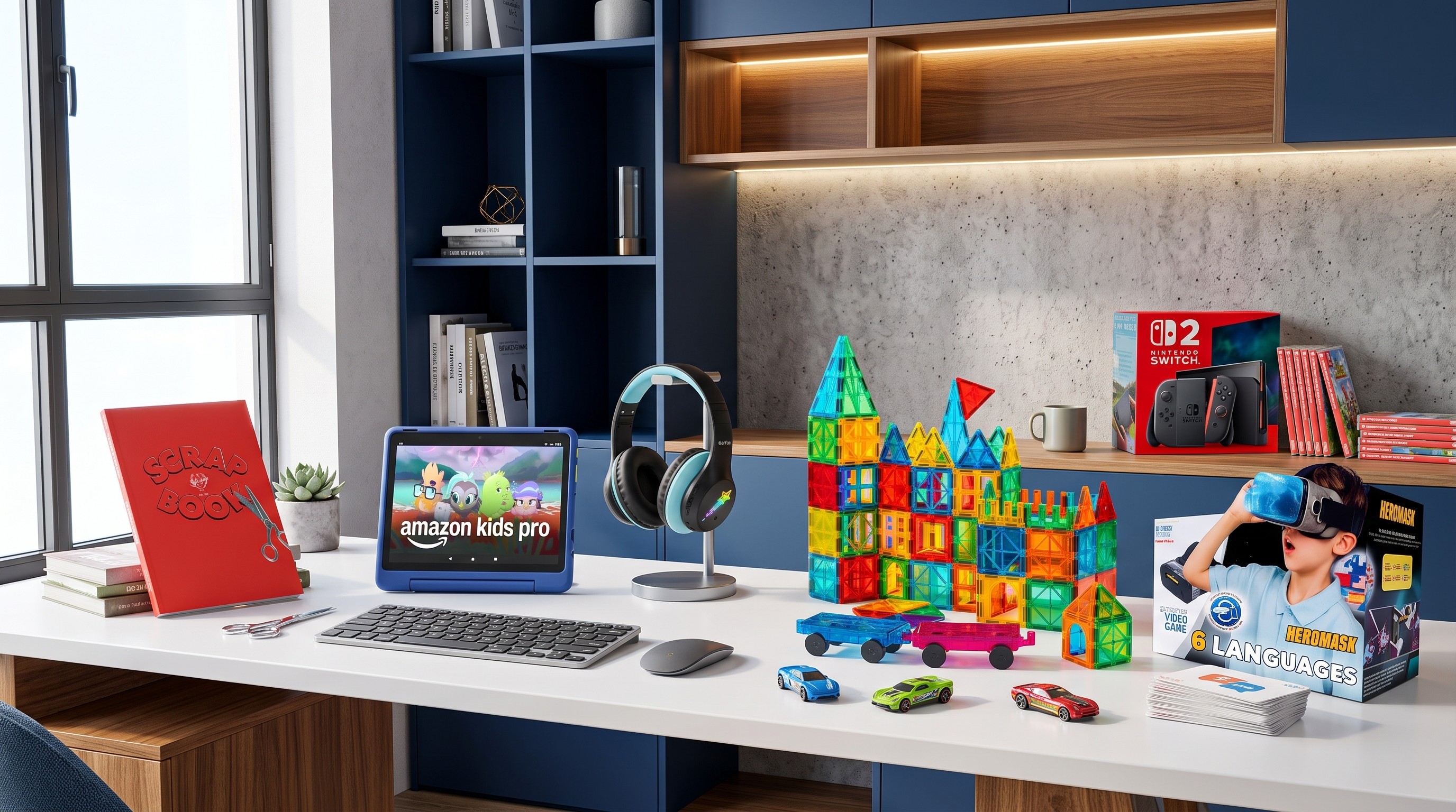 Children's toys and tech on an office desk 