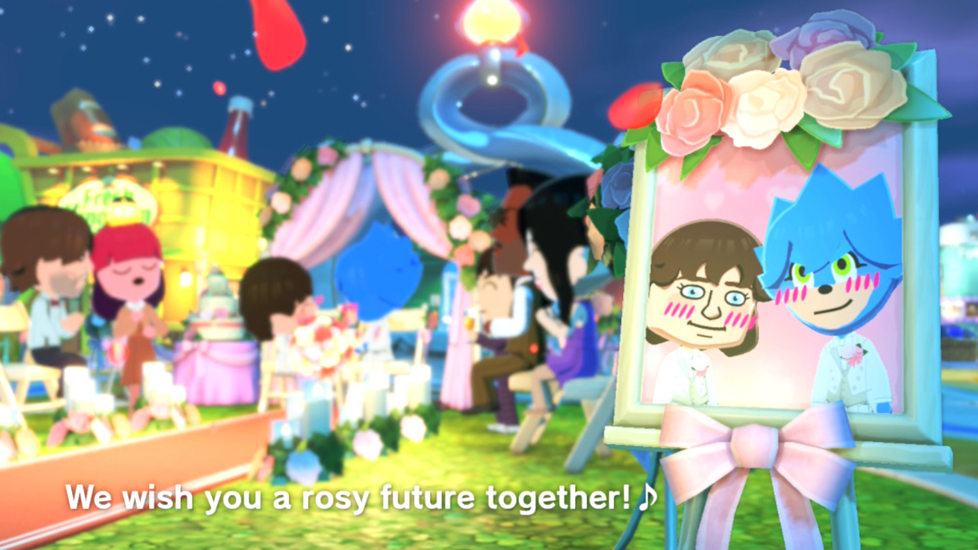 A wedding scene between Frodo Baggins and Sonic the Hedgehog at their wedding in Tomodachi Life: Living the Dream.