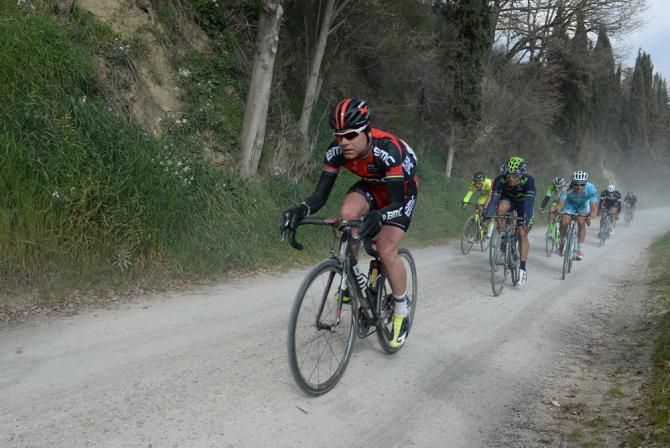 Cadel Evans (BMC) in action during the 2014 edition of Strade Bianche