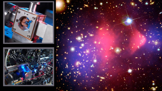 (Left) Atomic clocks in use at the NPL (Right) the bullet cluster a collision between two galaxies with a morphology that indicates the presence of dark matter