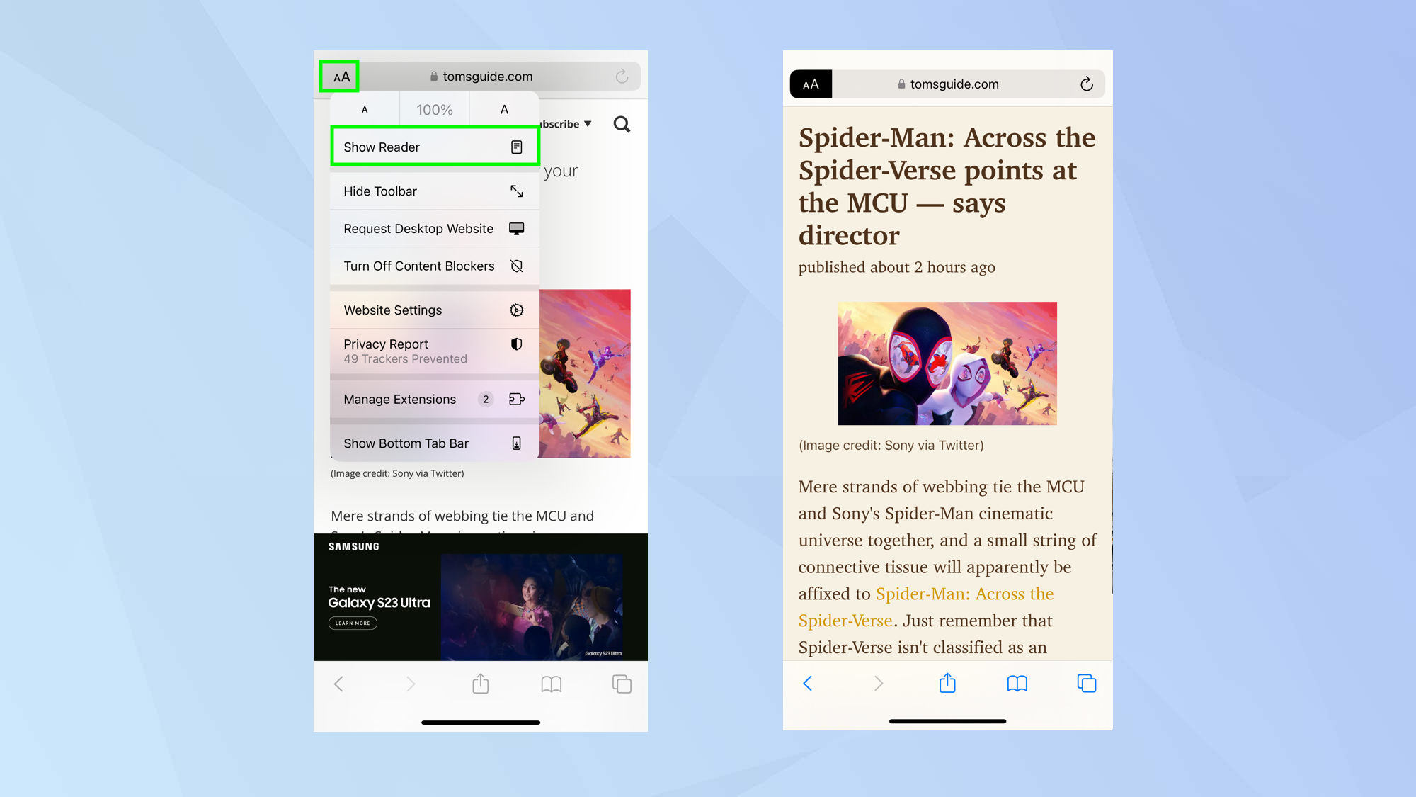 Una captura de pantalla que muestra cómo habilitar el modo lector en iPhone