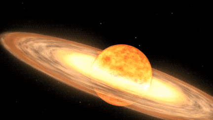 An artist's concept of the binary star system known as T Coronae Borealis, in which a white dwarf star will burst with bright light after siphoning material from its larger red giant star companion.