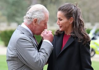 Prince Charles, Prince of Wales kisses the hand of Queen Letizia of Spain during their arrival at Auckland Castle