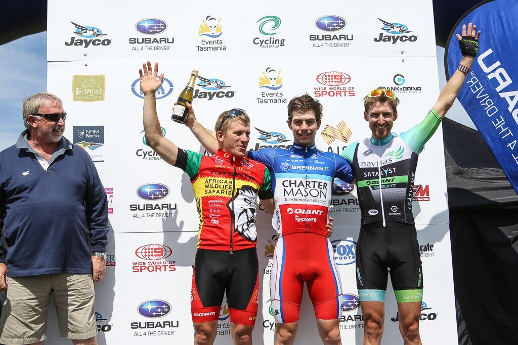 Stage 3 podium of Michael Schweizer (African Wildlife Safaris Cycling Team), Daniel Fitter (Charter Mason Giant Racing Team) and Wesley Sulzberger (Navitas Satalyst Racing Team)