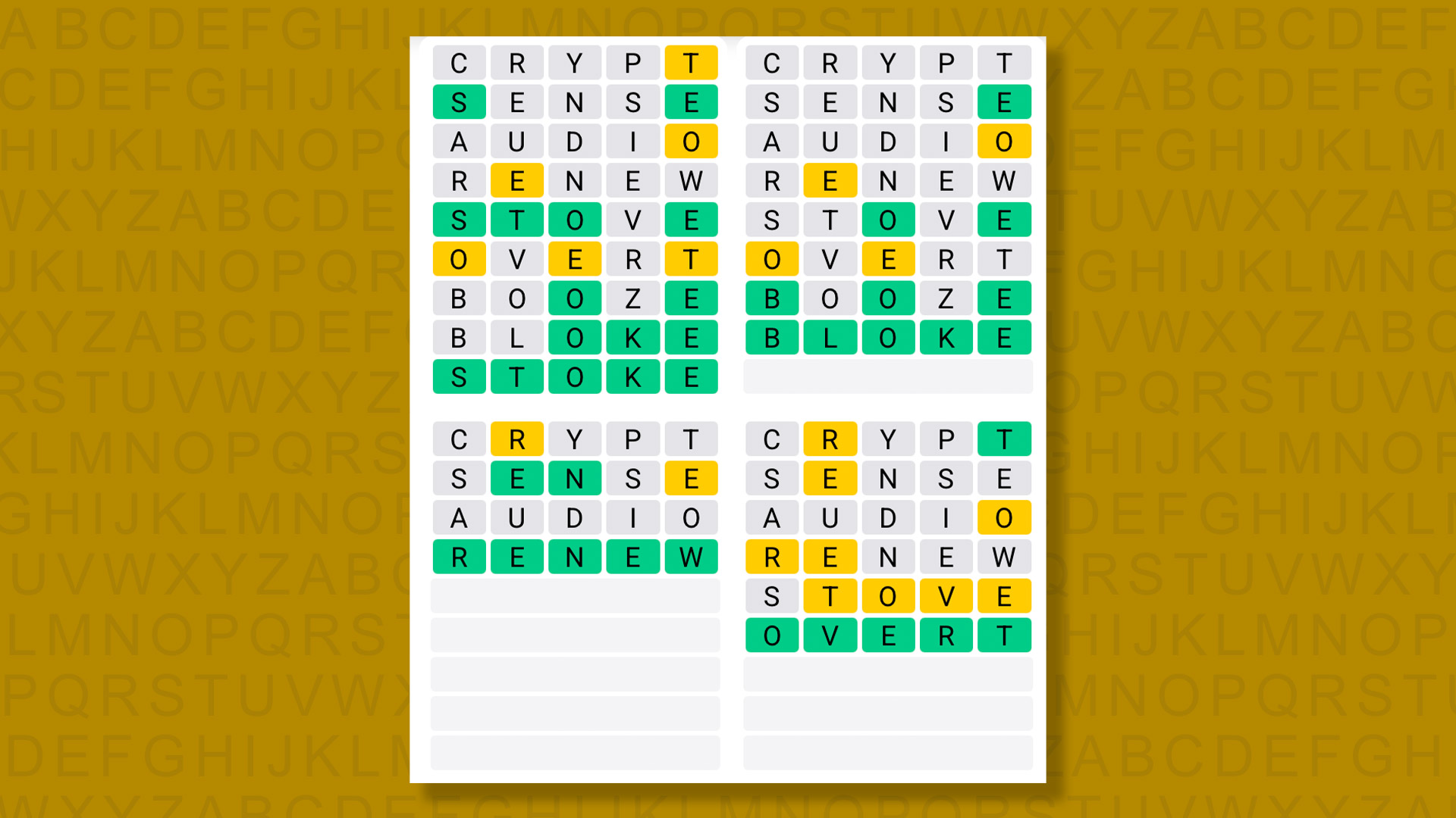 Quordle answers for game 1467 on a yellow background