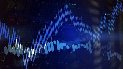 blue stock market chart with blue bars going up and down