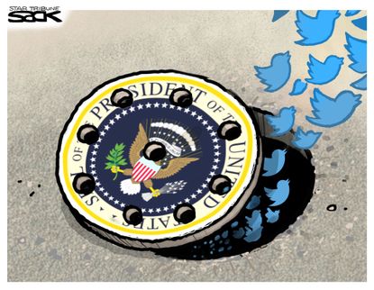Political Cartoon U.S. Trump Racist Tweets Presidential Seal Broken Manhole Cover