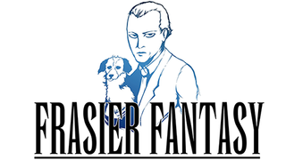 A logo for Frasier Fantasy, showing a gaunt, Final-Fantasy-like suited man with Eddie the dog.