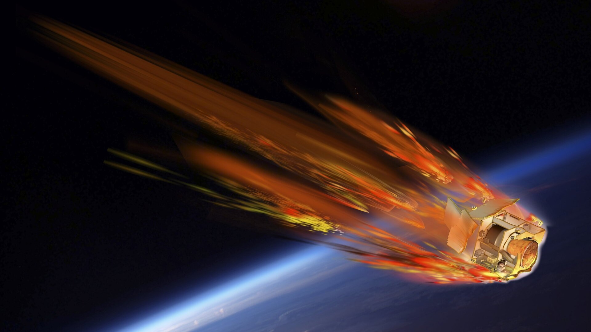 an illustration of a cube-shaped satellite burning and breaking apart into fragments as it falls onto Earth