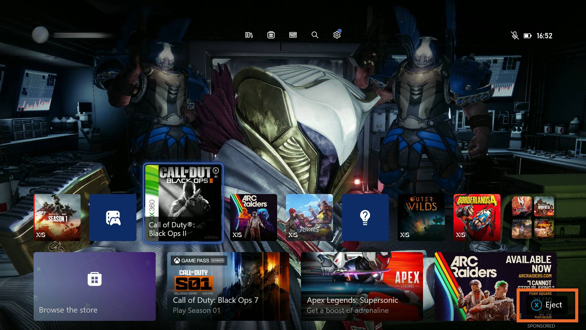 Xbox Series X eject prompt highlighted on dashboard for Black Ops 2 disc