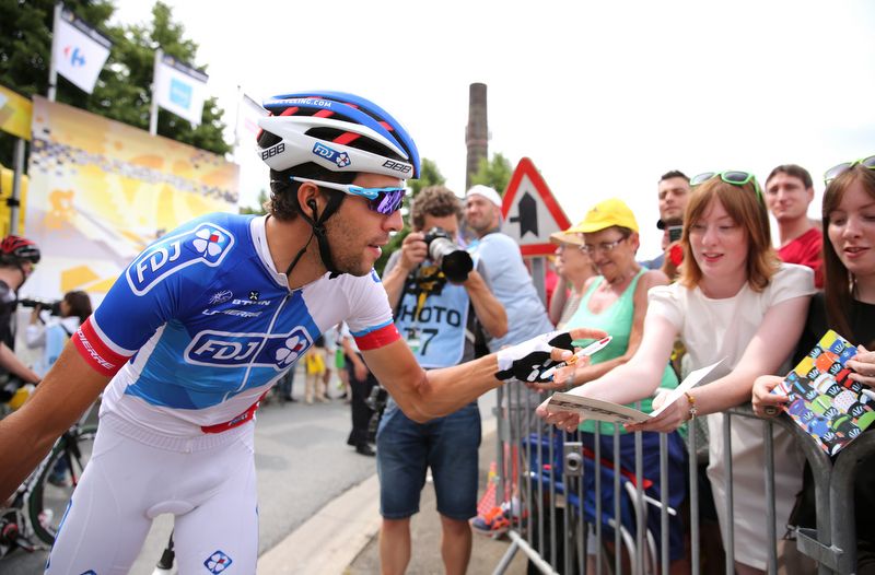 It was a happier scene at the start for Thibaut Pinot (FDJ) who saw his GC hopes disappear on the pave