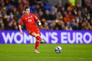 Hayley Ladd of Wales during the UEFA Women's EURO 2025 Play-off Round Two first leg match between Wales and Republic of Ireland at Cardiff City Stadium in Wales