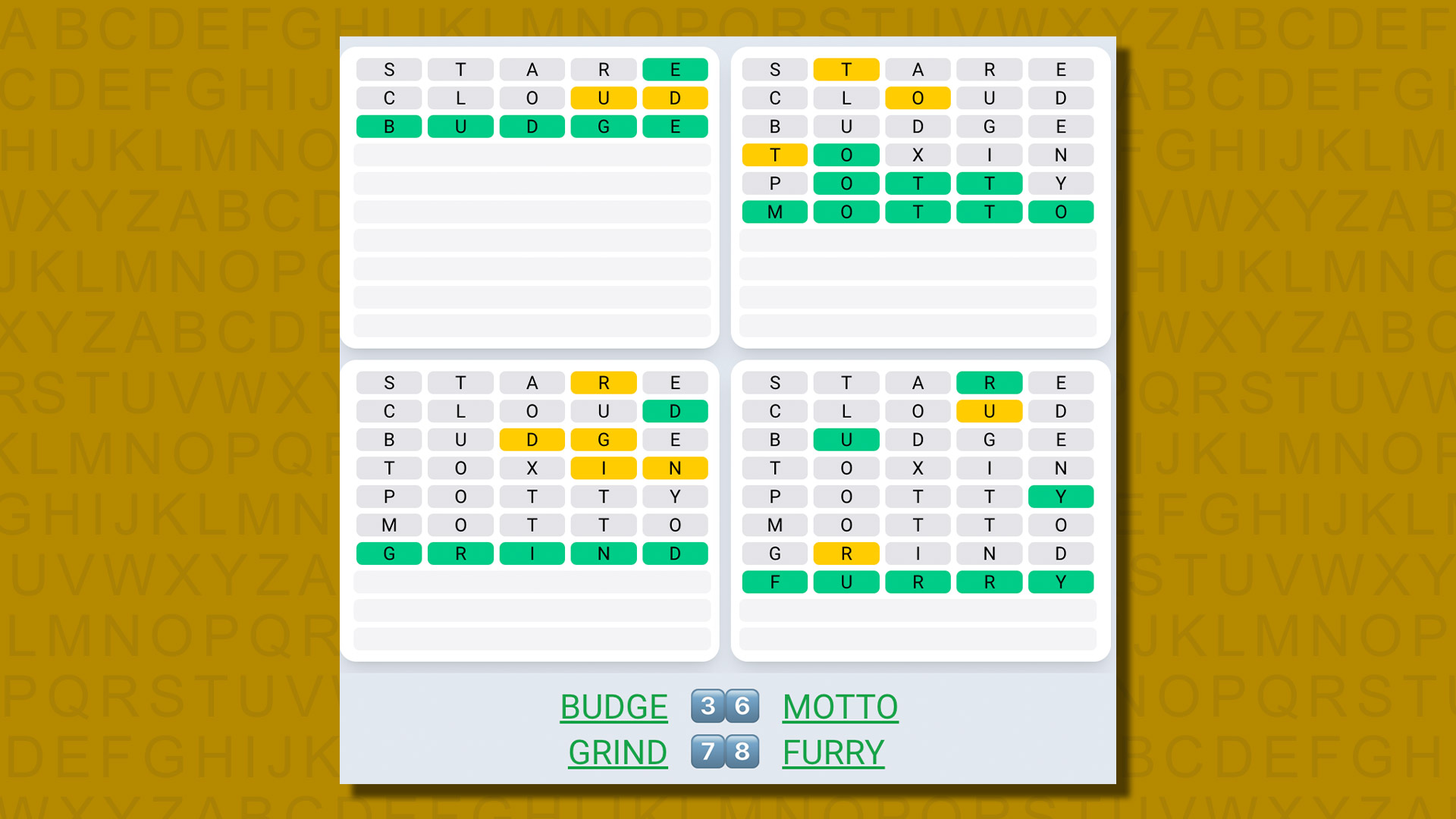 Quordle daily sequence answers for game 577 on a yellow background