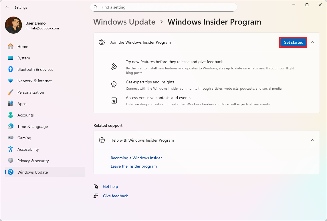 Windows Insider Get Started button